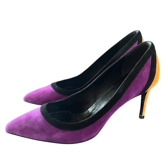 Gucci Tricolor Suede Pointed Toe Pumps Purple Black Orange EU 37 US 7 - Picture 1 of 11